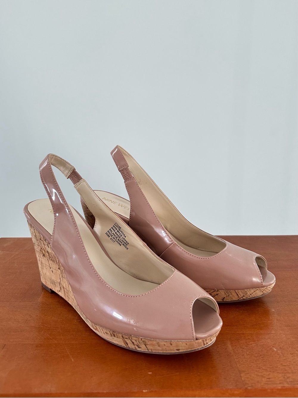 Nine West Patent Peep-Toe Cork Wedges in Dusty Rose